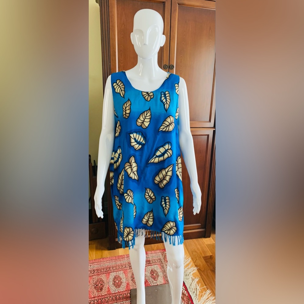 Comfy cobalt blue rayon summer dress with tassels finish beach dress cover-up XL